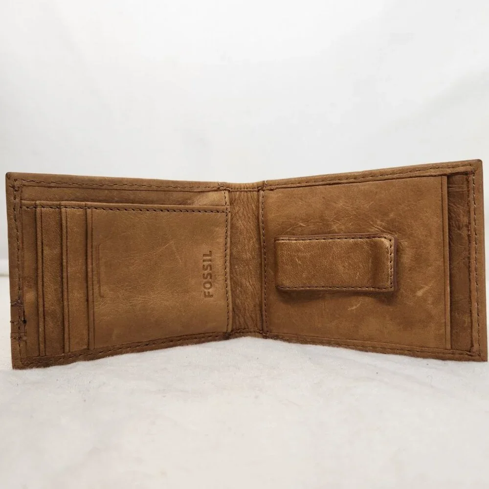 Fossil Men Tan Leather Money Clip Bifold Wallet